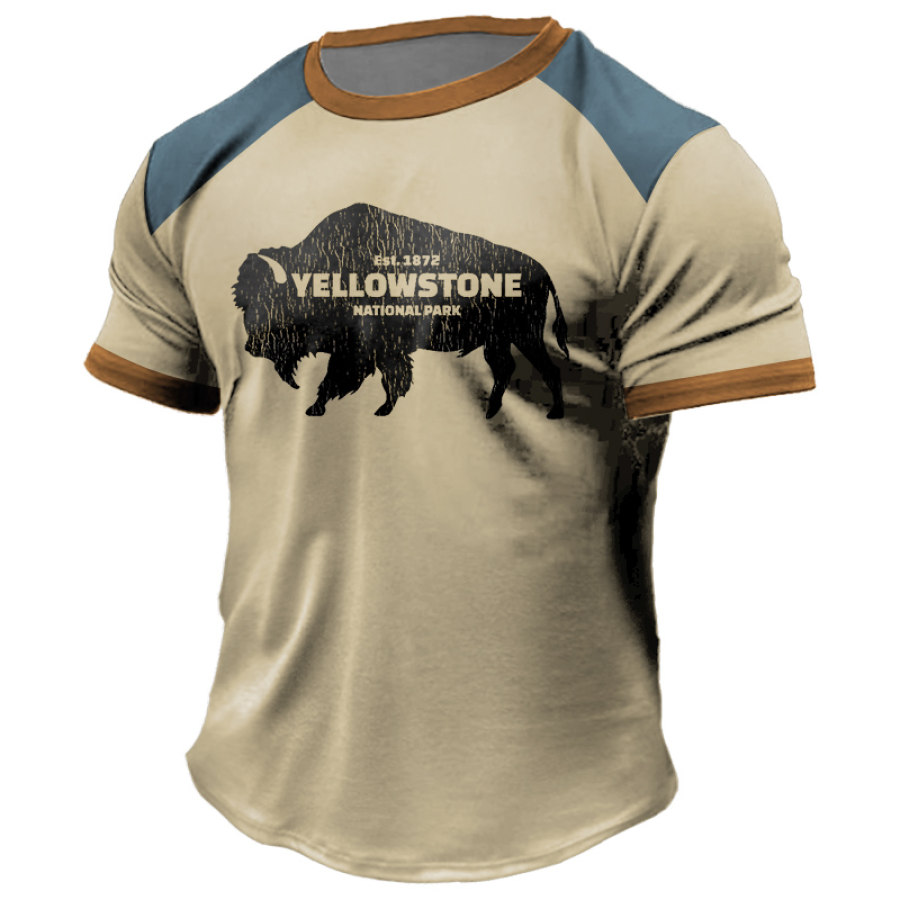 

Men's T-Shirt Plus Size Short Sleeve Vintage Yellowstone National Park Buffalo Colorblock Summer Daily Tops