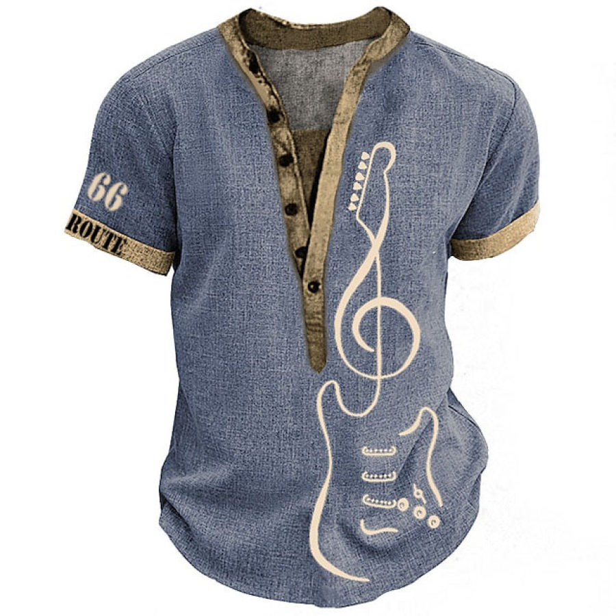 

Men's T-Shirt Henley Stand Collar Vintage Route 66 Guitar Country Music Short Sleeve Summer Daily Tops Slate Blue