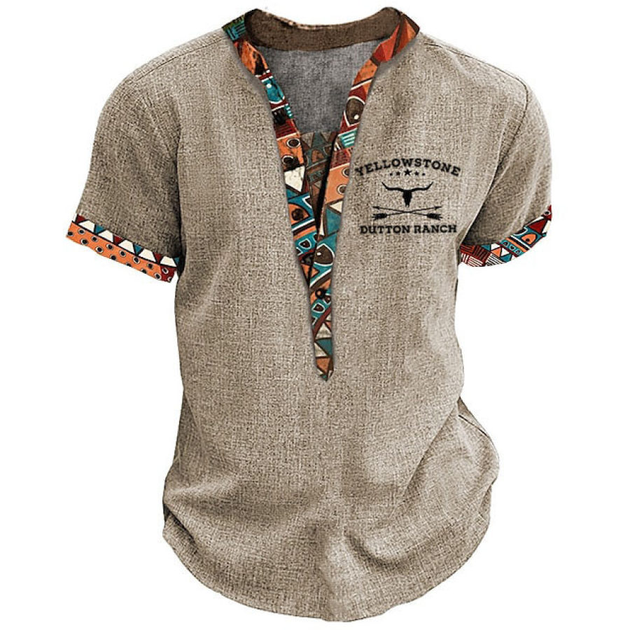 

Men's T-Shirt Henley Stand Collar Vintage Western Yellowstone Stitching Ethnic Aztec Short Sleeve Summer Daily Tops