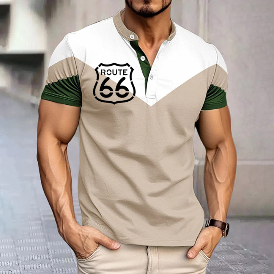 

Men's T-Shirt Vintage Route 66 Henley Colorblock Short Sleeve Summer Daily Tops Khaki