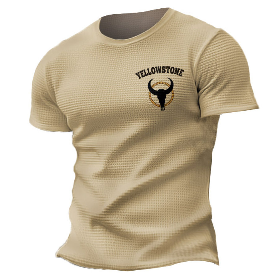 

Men's T-Shirt Short Sleeve Vintage Western Yellowstone Waffle Summer Daily Tops Khaki