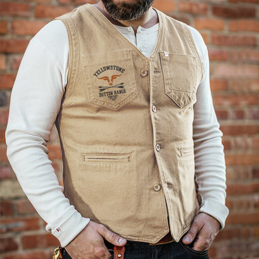 

Men Lincoln Waistcoat Outdoor Vintage Yellowstone Print Multiple Pockets Multiple Pockets Tactical Vest