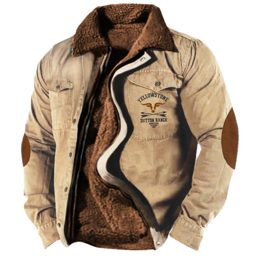 

Men's Plush Fleece Jacket Warm Lining Vintage Western Yellowstone Zipper Tactical Outdoor Jacket