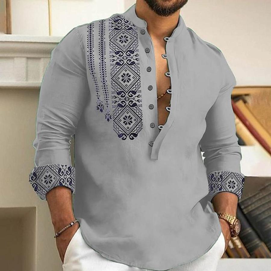 

Camisa De Lino Para Hombre Henley Casual Patrones étnicos Camisa Al Aire Libre Manga Larga Cuello Liso Ropa Informal Hawaiana