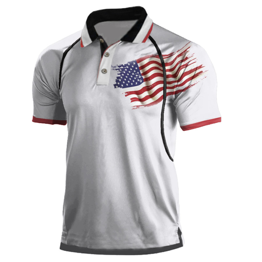 

Men's 1776 Independence Day Vintage American Flag Print Colorblock Polo Neck T-Shirt