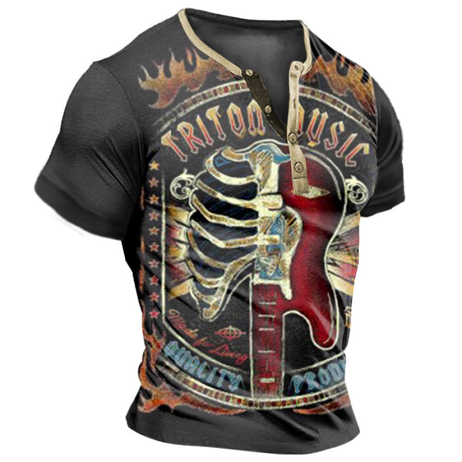 

Men's Henley T-Shirt Retro Rock Skull Guitar Print Graphic Everyday Casual Tee Black