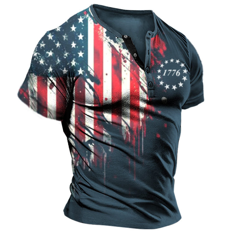 

Men's Henley T-Shirt Vintage American Flag 1776 Independence Day Print Graphic Everyday Casual Tee Blue