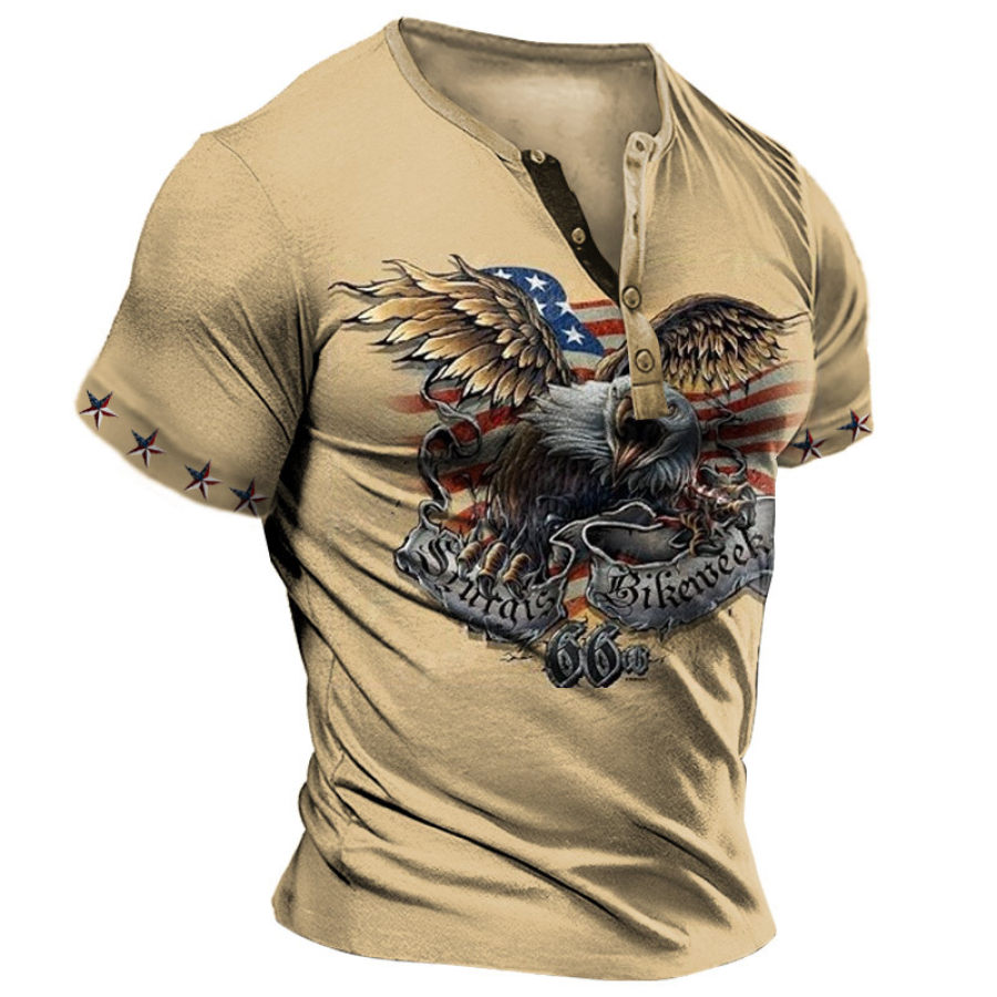 

Men's Henley T-Shirt Vintage American Flag American Eagle Print Graphic Everyday Casual Tee Khaki