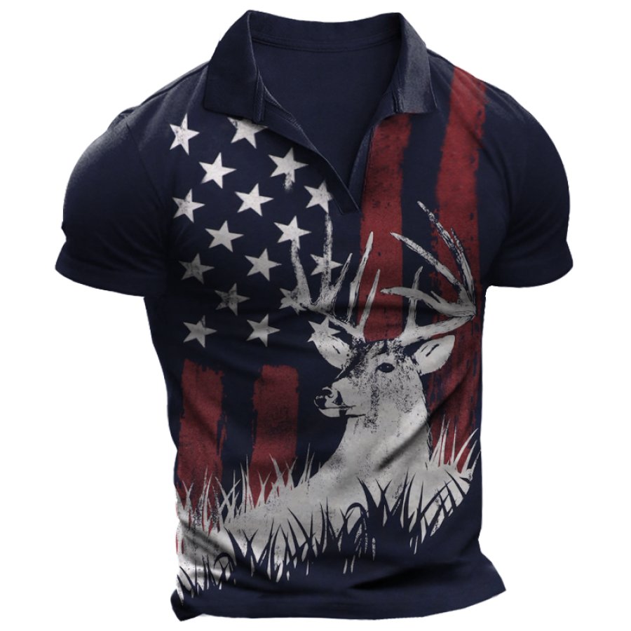 

Men's Vintage Cuban Collar Wild Deer Outdoor American Flag Print T-Shirt