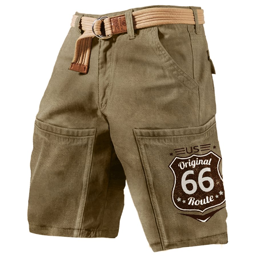 

Men's Big Pocket Vintage Route 66 Road Trip Print Cargo Shorts Breathable Casual Shorts