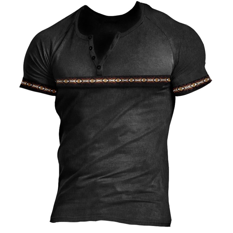 

Men's Retro Thread Ethnic Print Henley Collar T-Shirt Breathable Casual Short Sleeve T-Shirt