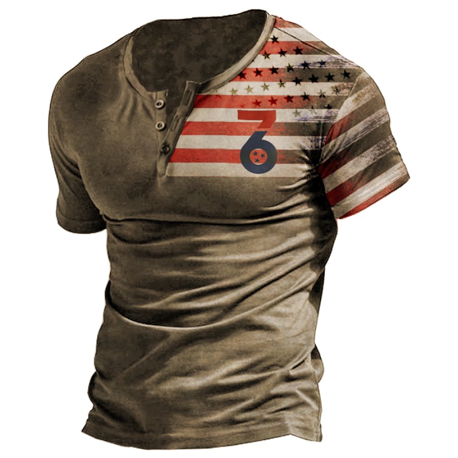 

Men's Vintage American Flag Print Henley Collar T-Shirt Breathable Casual Short Sleeve T-Shirt