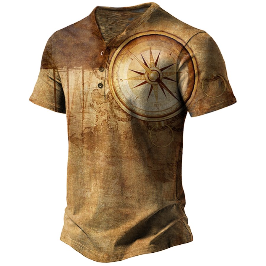 

Men's Vintage Compass Print Henley Collar T-Shirt Breathable Casual Outdoor Trip Short Sleeve T-Shirt