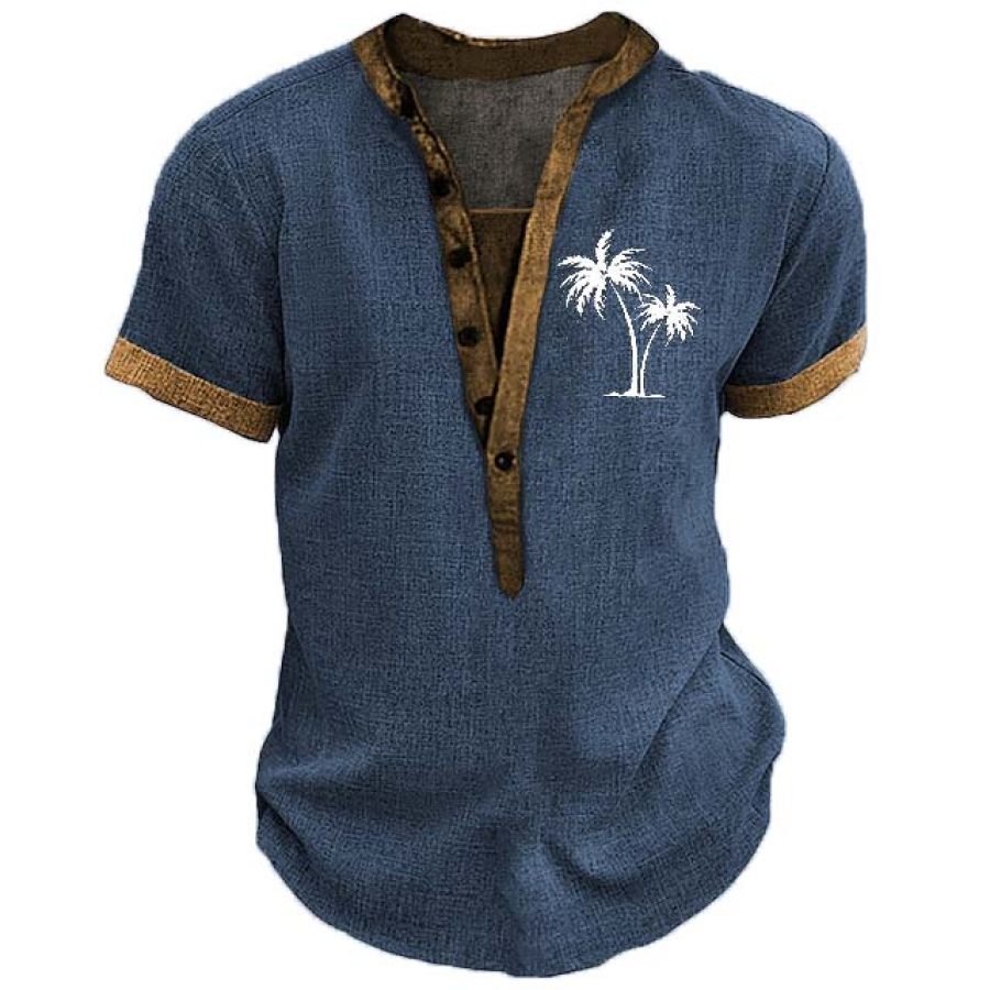 

Men's T-Shirt Henley Stand Collar Vintage Hawaiian Coconut Tree Short Sleeve Summer Daily Tops Navy Blue