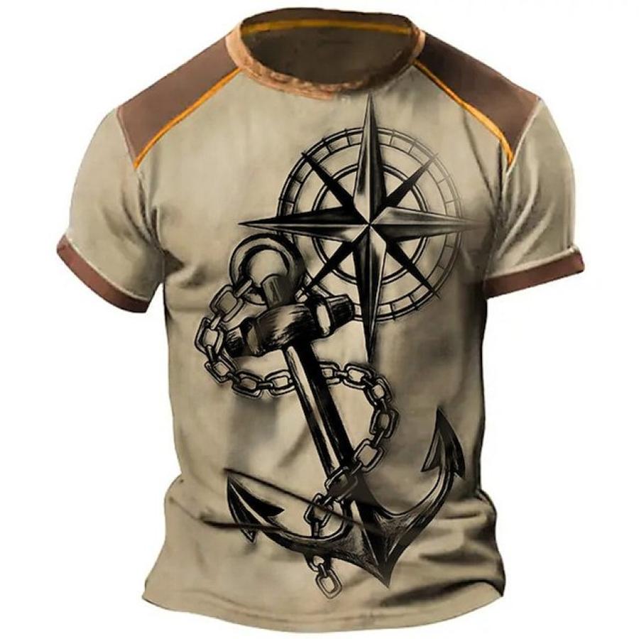 

Men's T-Shirt Plus Size Short Sleeve Vintage Anchor Compass Colorblock Summer Daily Tops Khaki