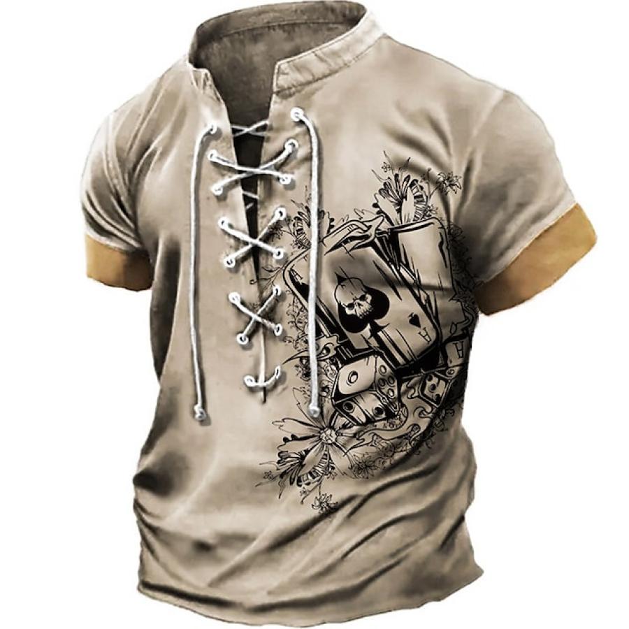 

Men's Lace-Up Stand Collar T-Shirt Short Sleeve Vintage Playing Cards Skull Colorblock Summer Daily Tops Khaki