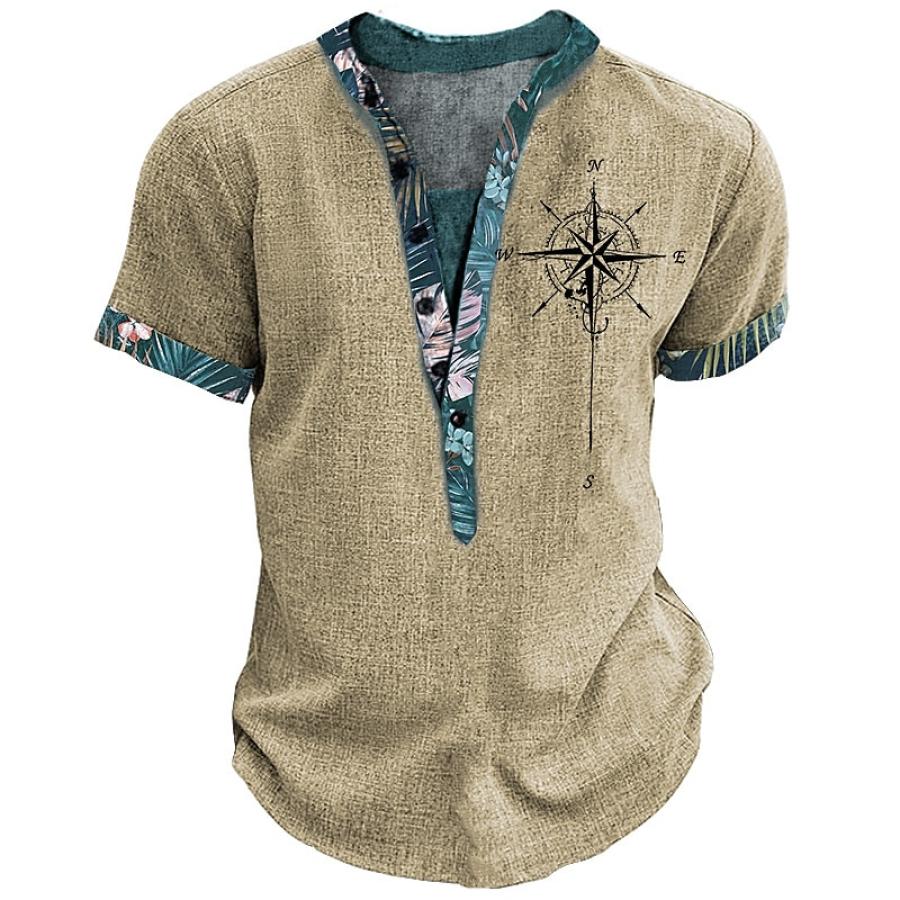 

Men's T-Shirt Henley Stand Collar Vintage Nautical Compass Short Sleeve Summer Daily Tops Khaki