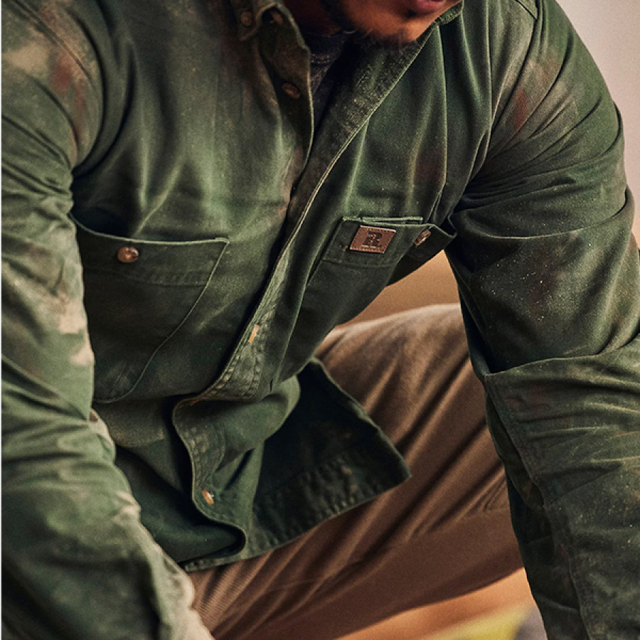 

Men's Tactical Cargo Shirt Pocketvintage Wash Print Long Sleeve Button Down Work Shirt Jacket ArmyGreen