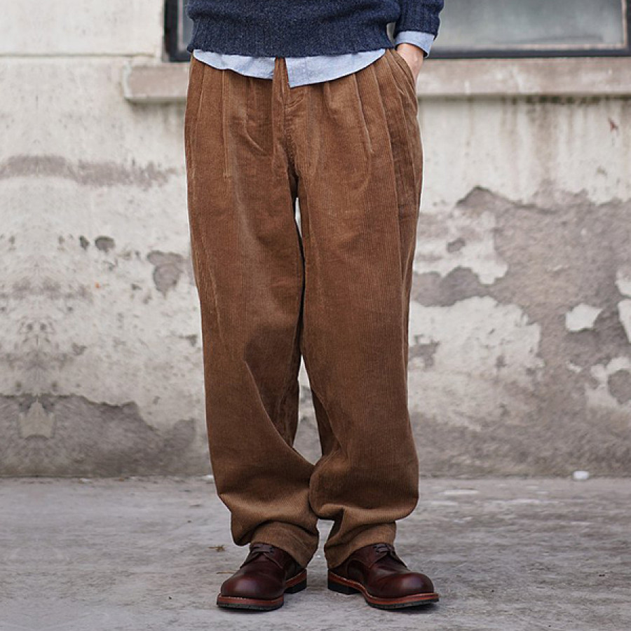 

Men Heavyweight Brown Relax Wide Corduroy Trousers Vintage Breathable Pocket Outdoor Daily Pants