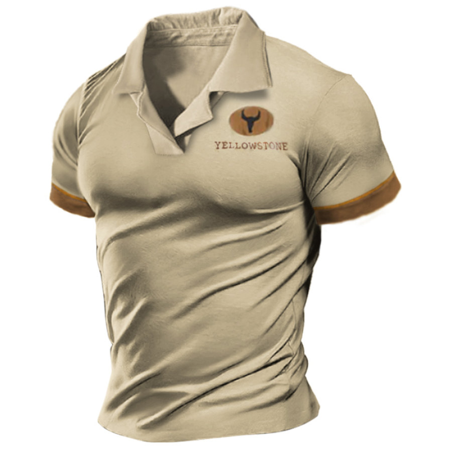 

Men's T-shirt Small Cuban Collar Retro Yellowstone Print Color Matching Short Sleeve Daily Casual Tee