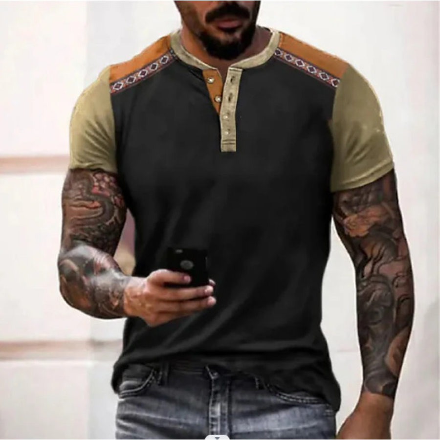 

Men's Henley Shirt Tee Top Henley Color Block Plain Street Vacation Short Sleeves Shirt