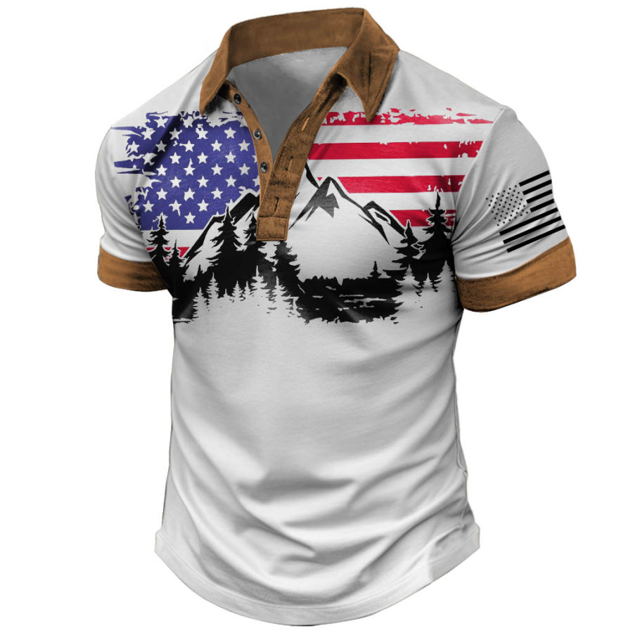 

Men's T-Shirt Polo Button Up Vintage American Flag Mountains Colorblock Outdoor Short Sleeve Summer Daily Tops