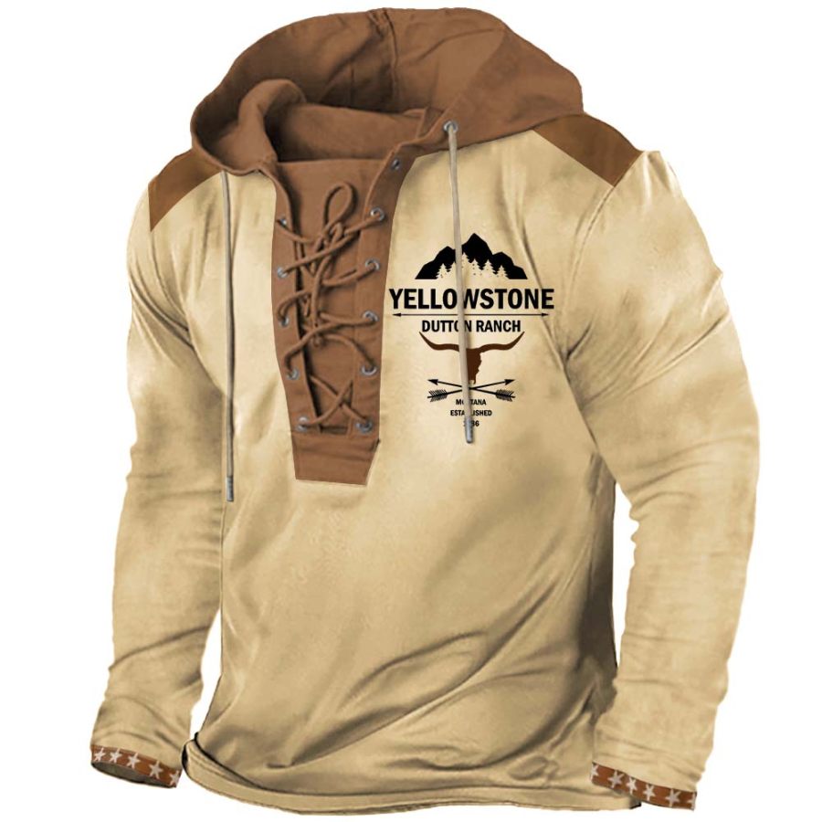 

Men's T-Shirt Vintage Yellowstone Skull Bull Long Sleeve Lace-Up Hooded Colorblock Outdoor Daily Tops Khaki