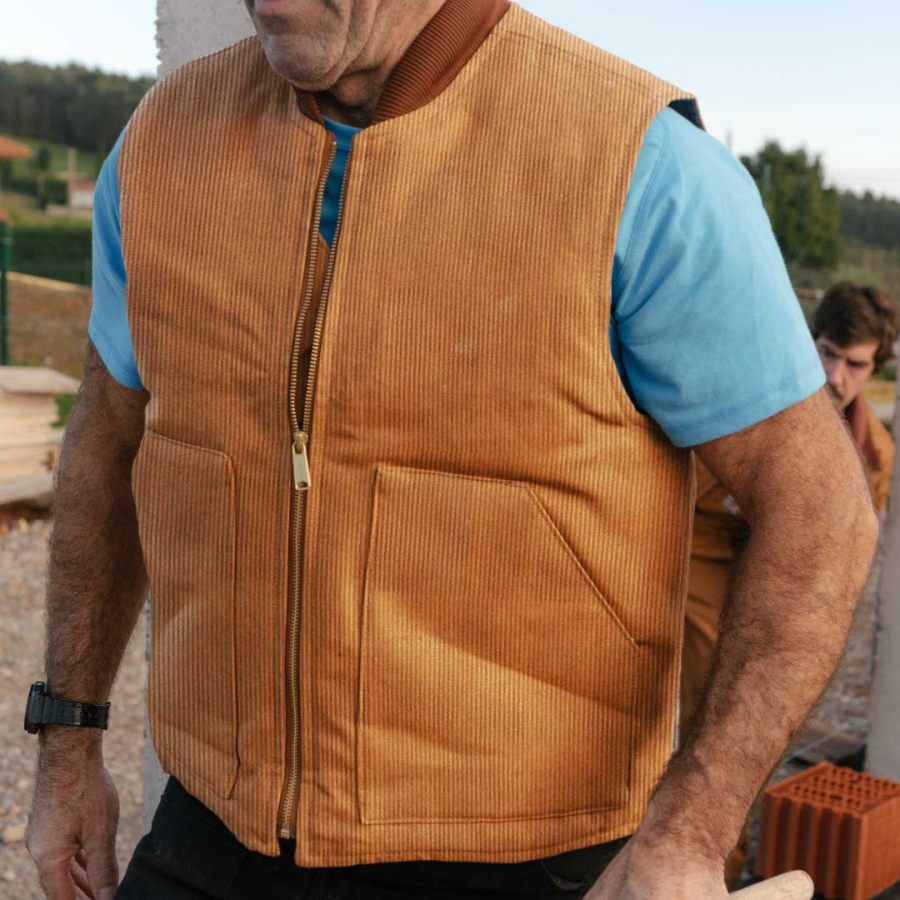 

Men's Vest Sleeveless Vintage Corduroy Pocket Zip Daily Casual Jacket