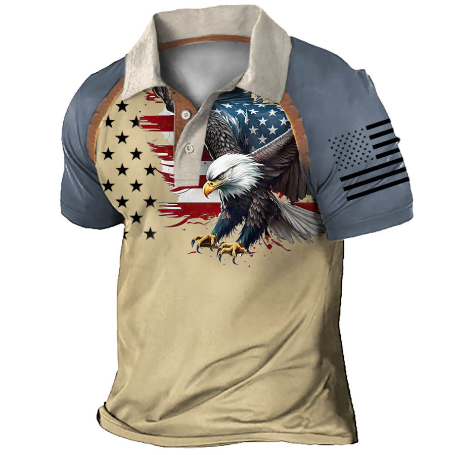 

Men's T-Shirt Polo Button Up Vintage American Flag Eagle Colorblock Outdoor Short Sleeve Summer Daily Tops