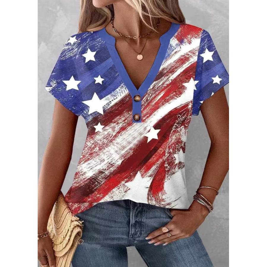 

Women's Vintage Independence Day American Flag Print V-Neck T-Shirt