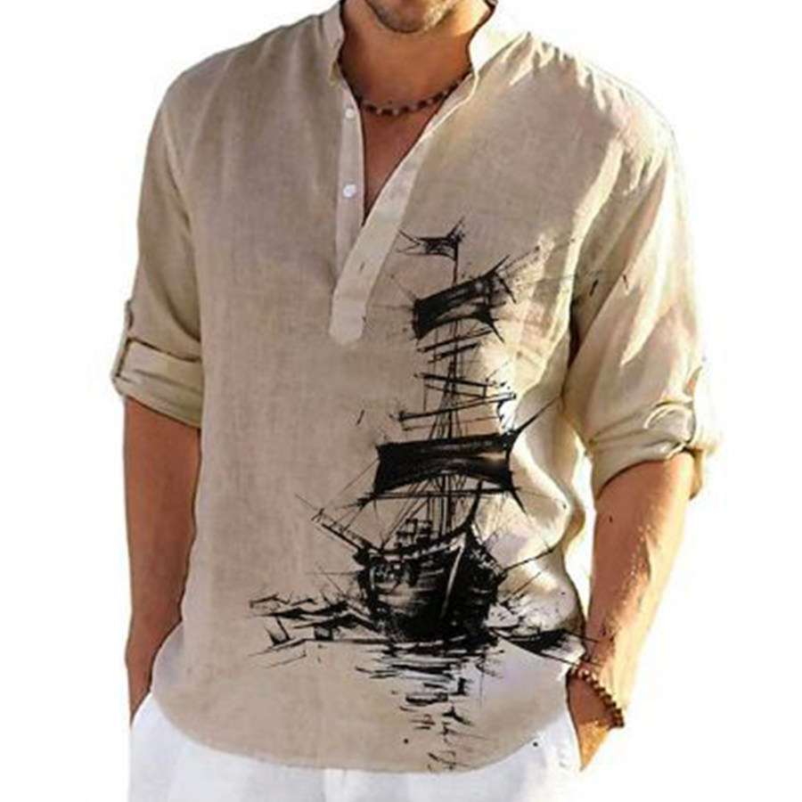 

Men's Vintage Nautical Sail Print Henley Collar Shirt