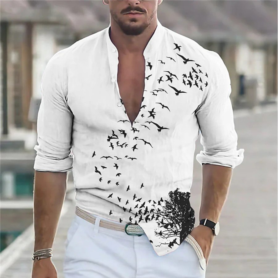 

Men's Vintage Print Henley Collar Long Sleeve Shirt