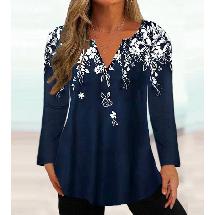 

Women's Floral Plant Print V-neck Long-sleeved T-shirt