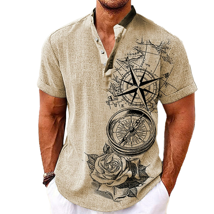 

Men's Vintage Anchor Compass Print Henley Collar Short Sleeve Shirt
