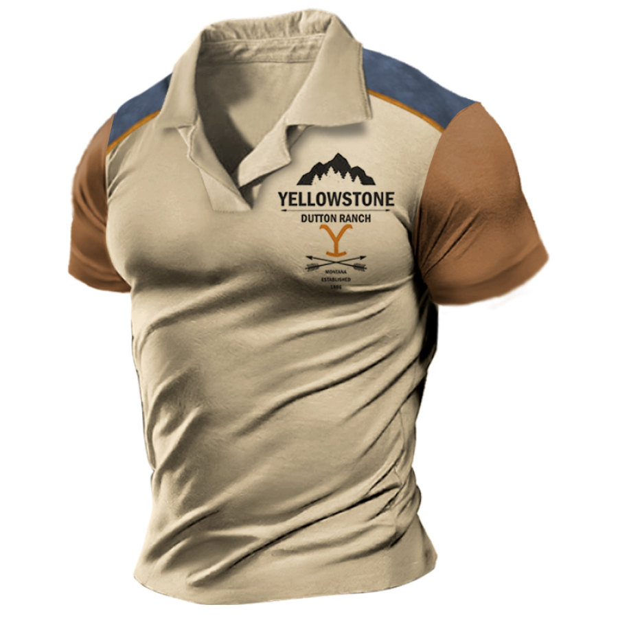 

Men's T-Shirt Small Cuban Collar Retro Western Yellowstone Print Color Matching Short Sleeve Daily Casual Tee
