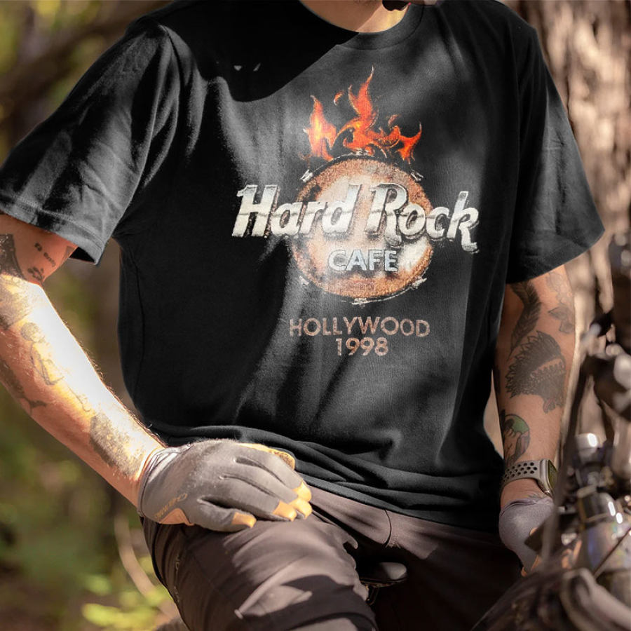 

Herren-T-Shirt Aus Baumwolle Rundhalsausschnitt Kurze Ärmel Hard Rock Flame-Aufdruck