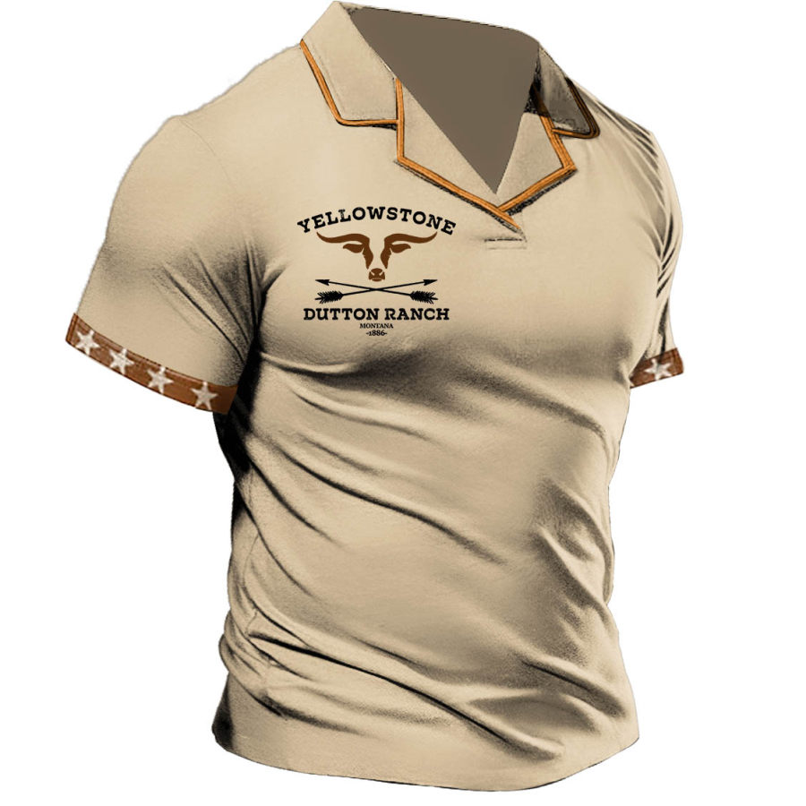 

Men's T-Shirt Cuban Collar Vintage Yellowstone Stars Colorblock Outdoor Short Sleeve Summer Daily Tops Khaki