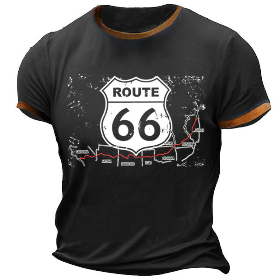 

T-shirt Da Uomo Vintage Route 66 Taglie Forti Contrasto Manica Corta Estate Magliette Giornaliere Nere