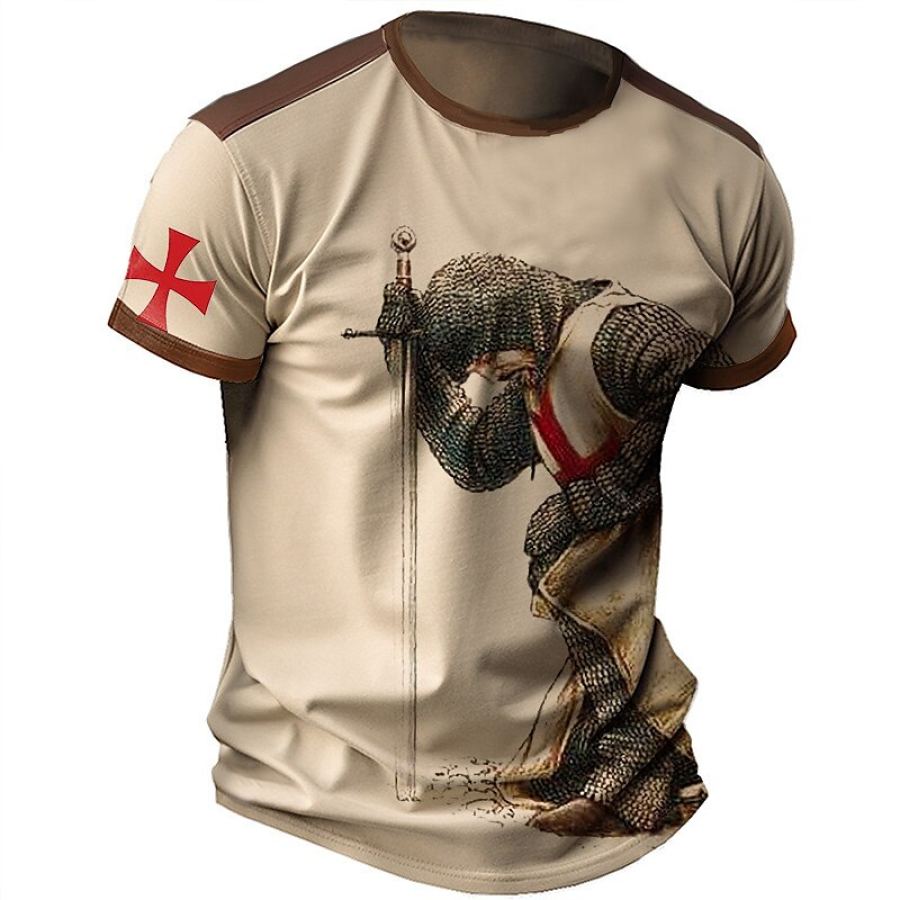 

Men's T-shirt Vintage Templar Cross Colorblock Short Sleeve Summer Daily Top Khaki