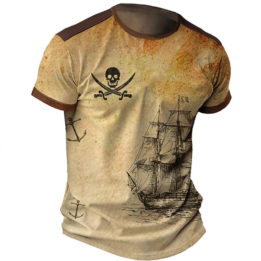 

Men's T-shirt Vintage Pirate Skull Sailboat Colorblock Short Sleeve Summer Daily Top Khaki