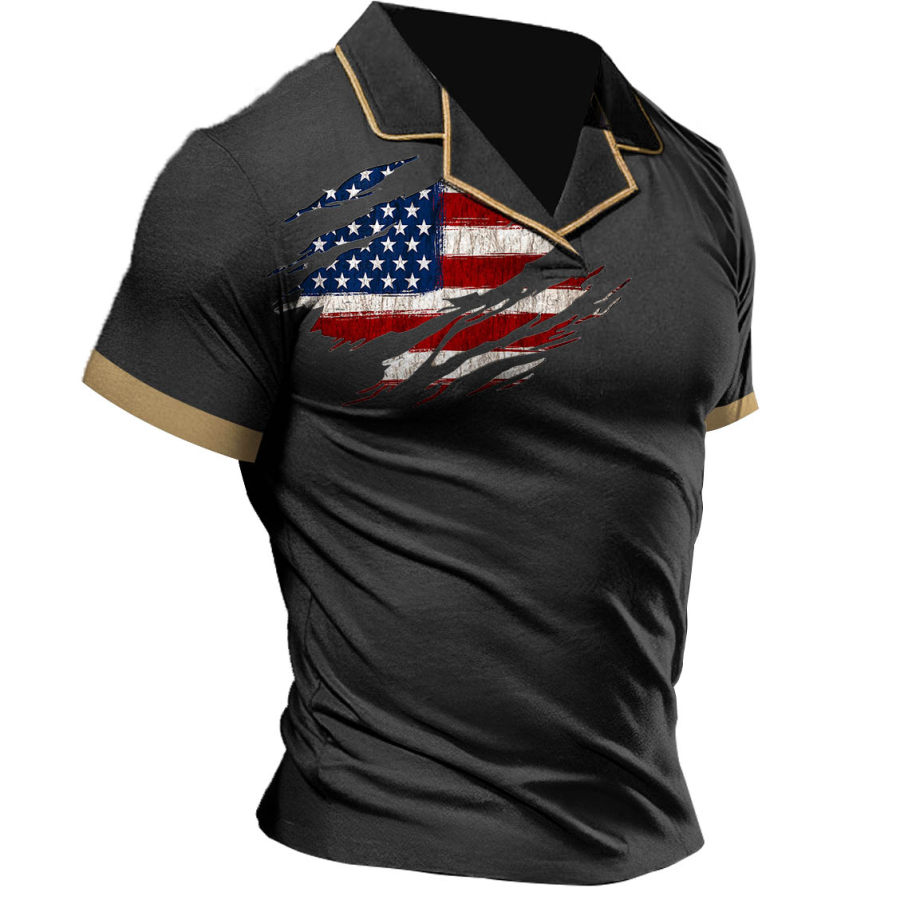 

Men's T-Shirt Cuban Collar Vintage American Flag Colorblock Outdoor Short Sleeve Summer Daily Tops