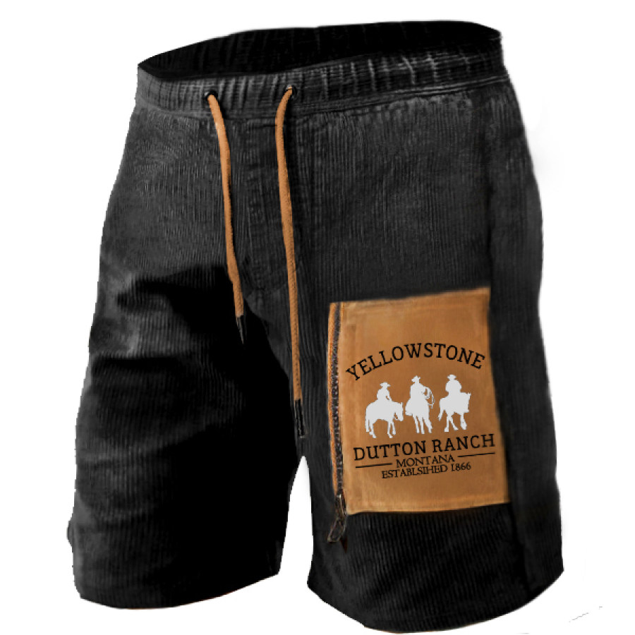 

Men's Corduroy Vintage Outdoor Zipper Pocket Vintage Yellowstone Print Color Contrast Loose Shorts