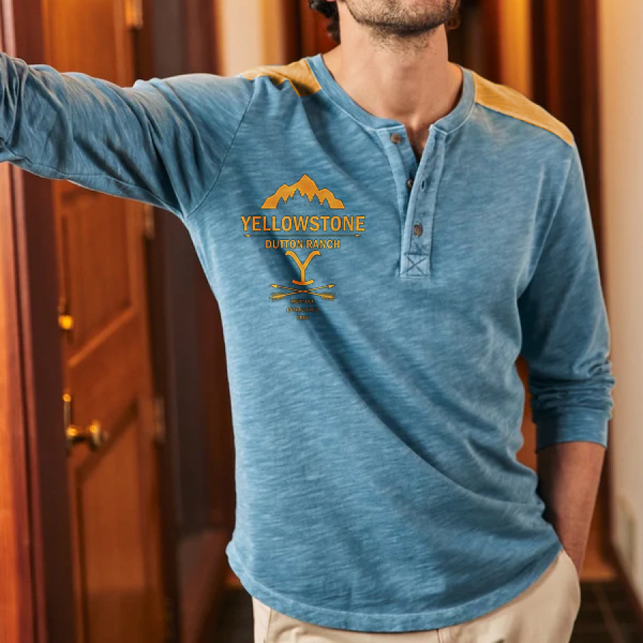 

Men's Henley T-Shirt Vintage Yellowstone Print Henley Long Sleeve T-Shirt
