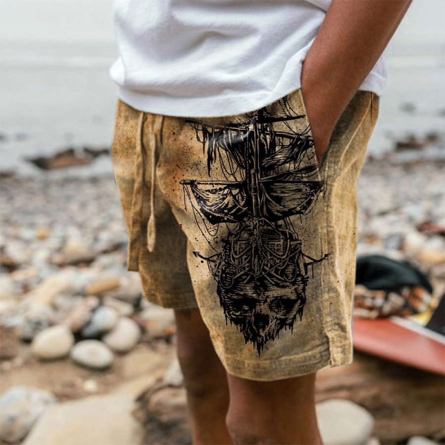 

Men's Vintage Pirate Nautical Sail Print 5 Inch Shorts Beach Causal Shorts