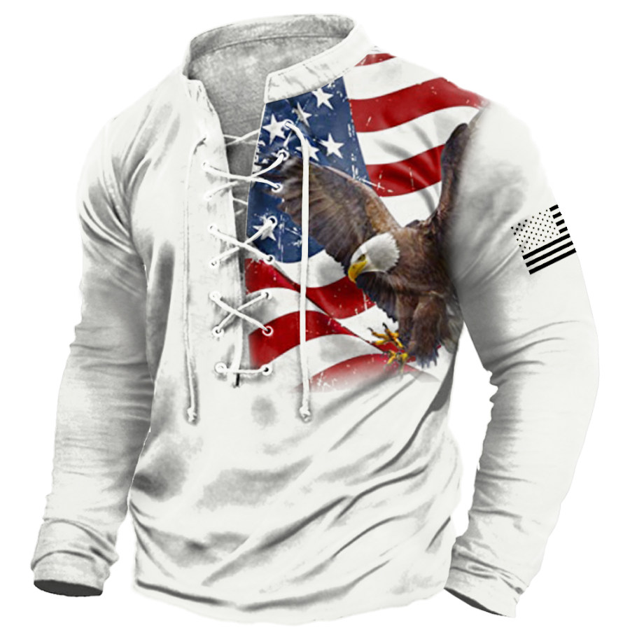 

Men's Outdoor Vintage American Flag Eagle Print Tie Henley Collar Long Sleeve T-Shirt