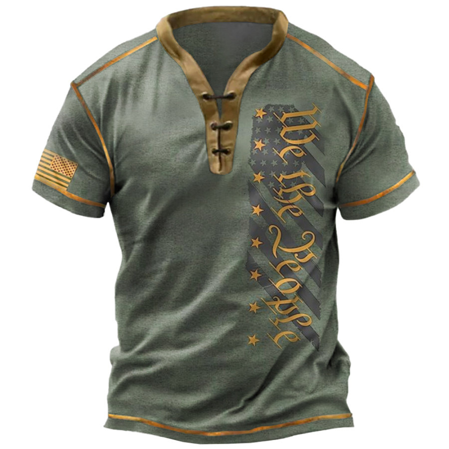 

Men's Outdoor Vintage American Flag Colorblock Print Tie Henley Collar T-Shirt