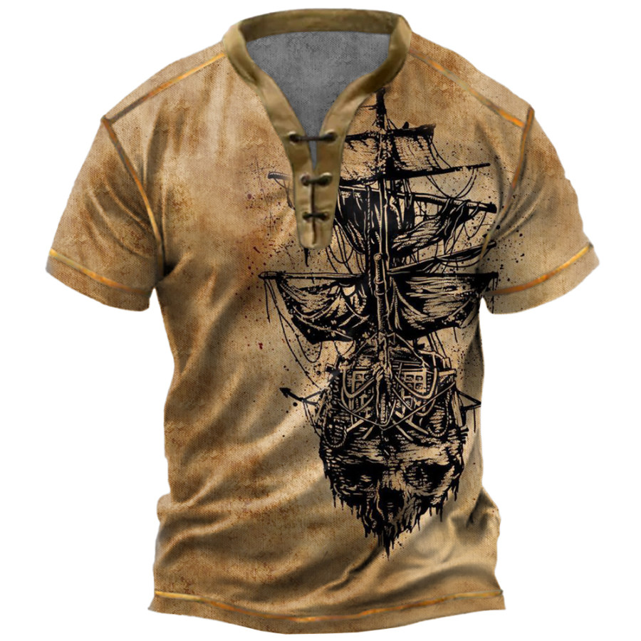 

Men's Vintage Pirate Nautical Sailing Ship Print Tie Henley Collar T-Shirt