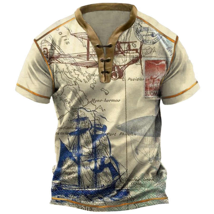 

Men's Outdoor Vintage Vintage Nautical Sailboat Print Tie Henley Collar T-Shirt
