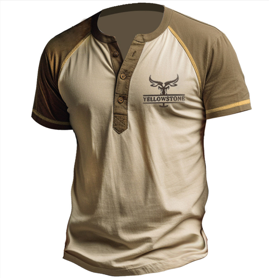 

Men's Vintage Yellowstone Color Block Print Henley Collar T-Shirt
