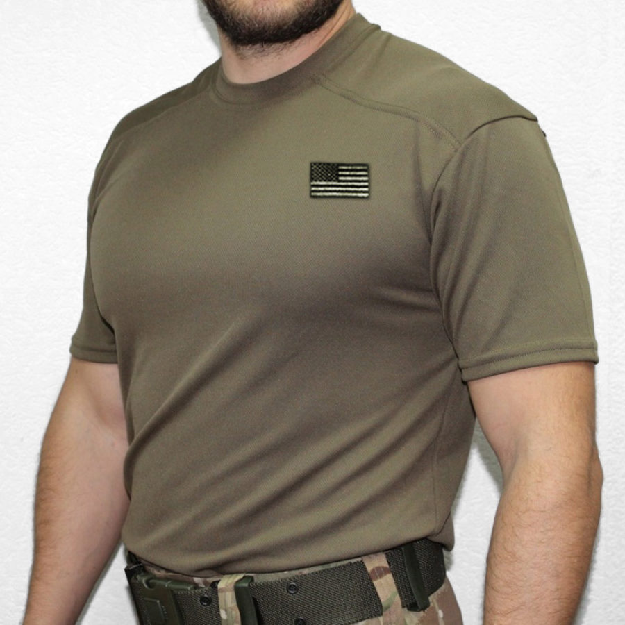 

Men's T-Shirt Retro American Flag Outdoor Special Training Tactical Short Sleeve Army Green